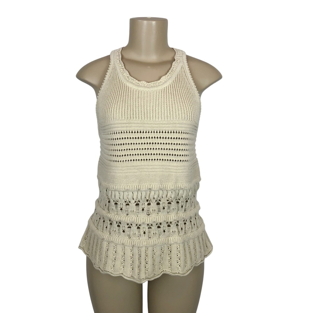 LOFT Cream Crochet Open Knit Tank Top Sleeveless Small Boho Beach Festival 70s